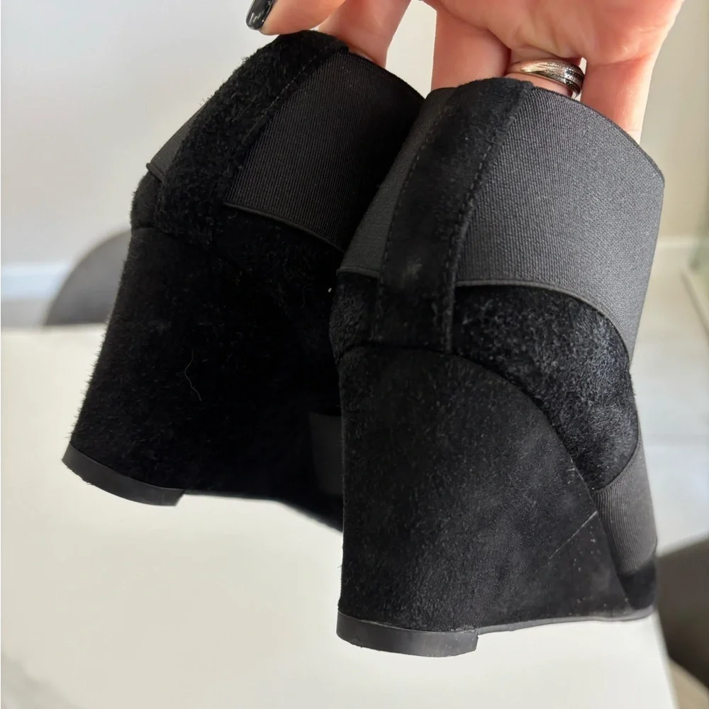 Stuart Weitzman black suede wedge booties with elastic straps size 8